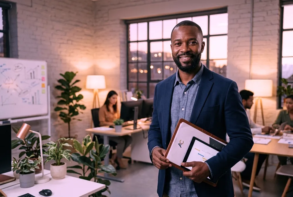 Homem negro sorridente em traje casual de negócios segura uma pasta em um ambiente de escritório moderno com colegas ao fundo. Representa o perfil de empreendedor que busca otimizar o pagamento de imposto de prestador de serviço.